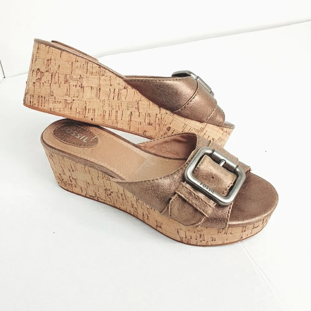 Fossil Malea Platform Slide Sandals Cork wedge metallic leather size 6.5